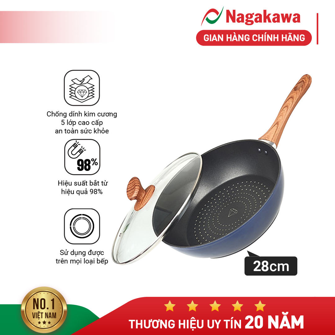 Chảo kim cương đáy từ Nagakawa NAG2853, size 28cm, vung kính cường lực, chảo sâu lòng, phủ 5 lớp chống dính họa tiết kim cương, sử dụng được trên mọi loại bếp