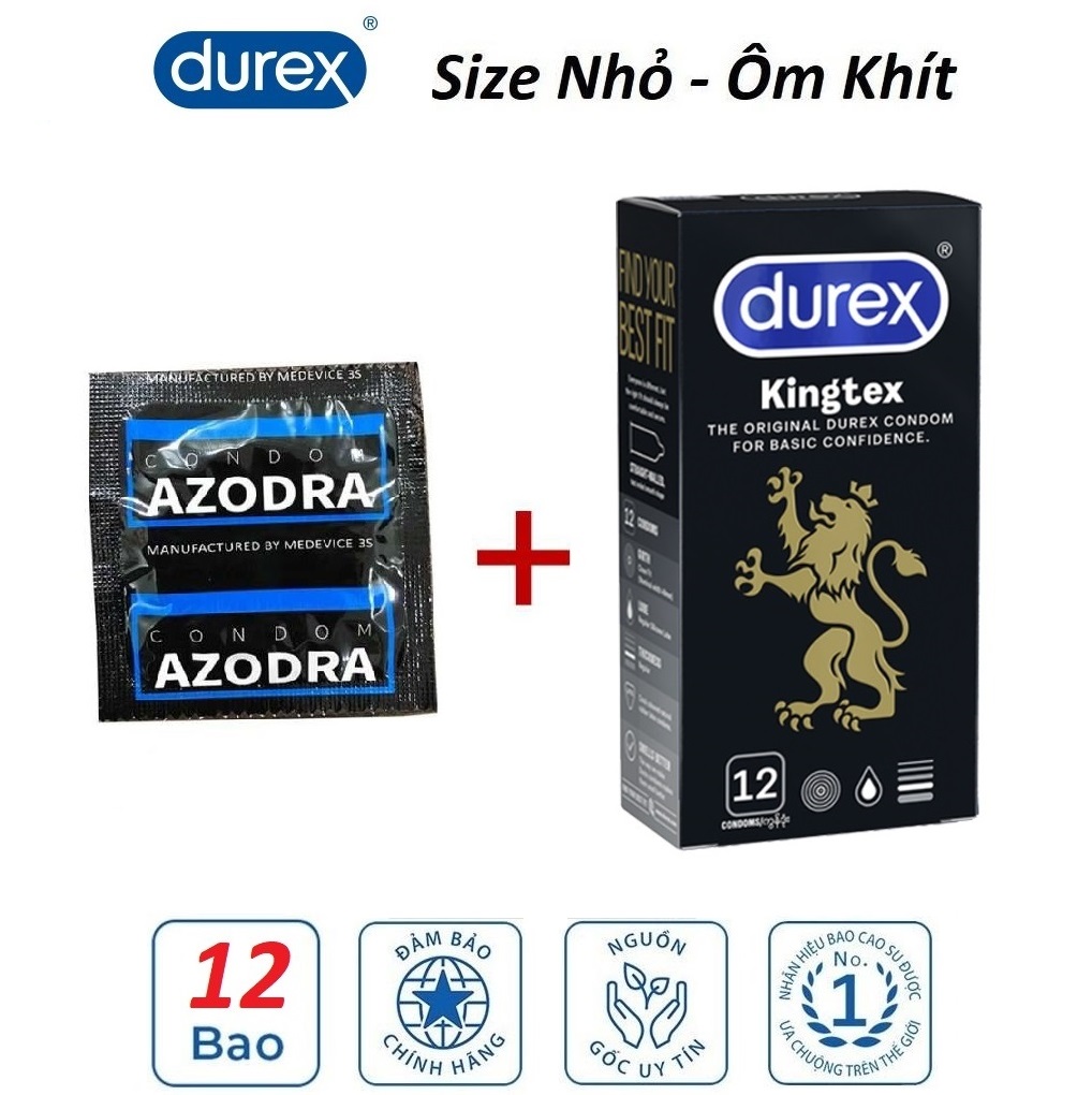[HCM]Bao cao su Durex Kingtex 12s size nhỏ khỏi lo tuột 49mm tặng thêm 1 bao Azodra siêu gân