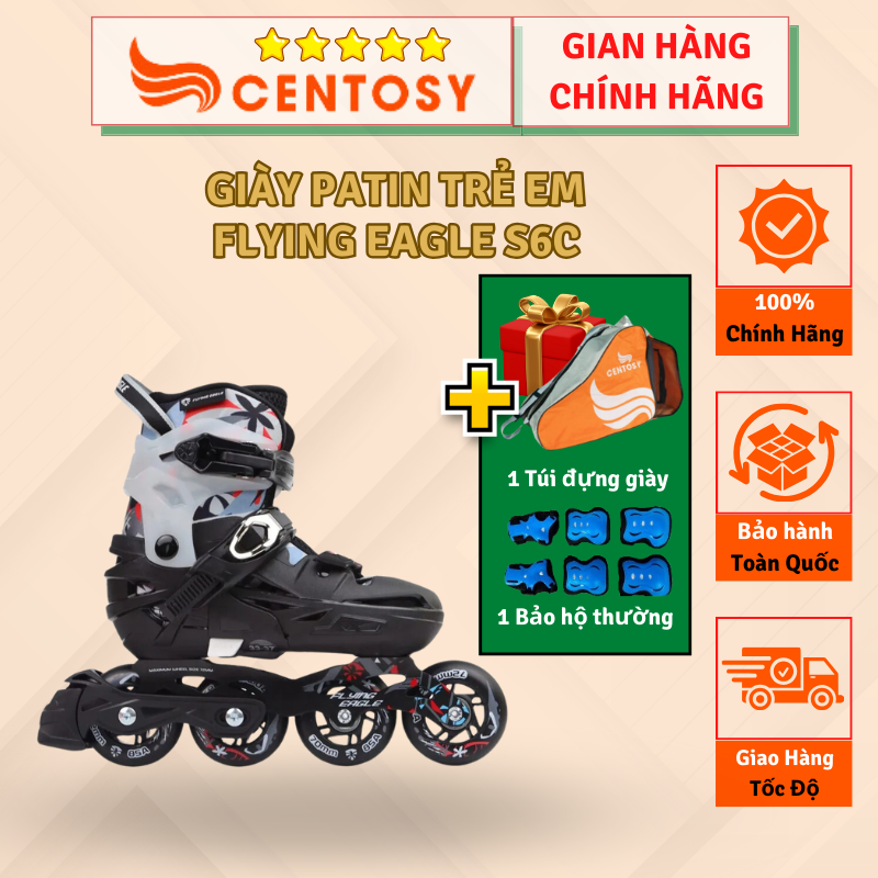 CENTOSY - Giày patin trẻ em Flying Eagle S6C có bánh cao su đặc, phanh an toàn cho bé