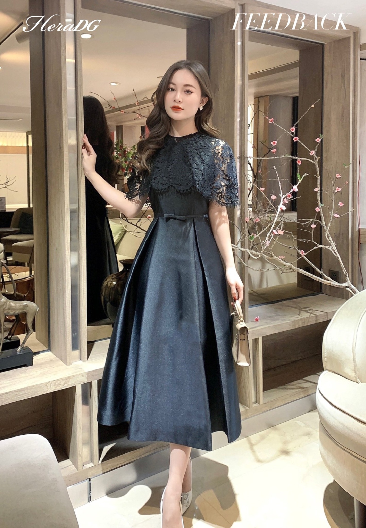 Voucher siêu sale 15% Đầm dạ hội nữ HeraDG dáng xòe thiết kế phối cổ ren, xếp thân ly, chất liệu Tafta cao cấp WDPBB6055