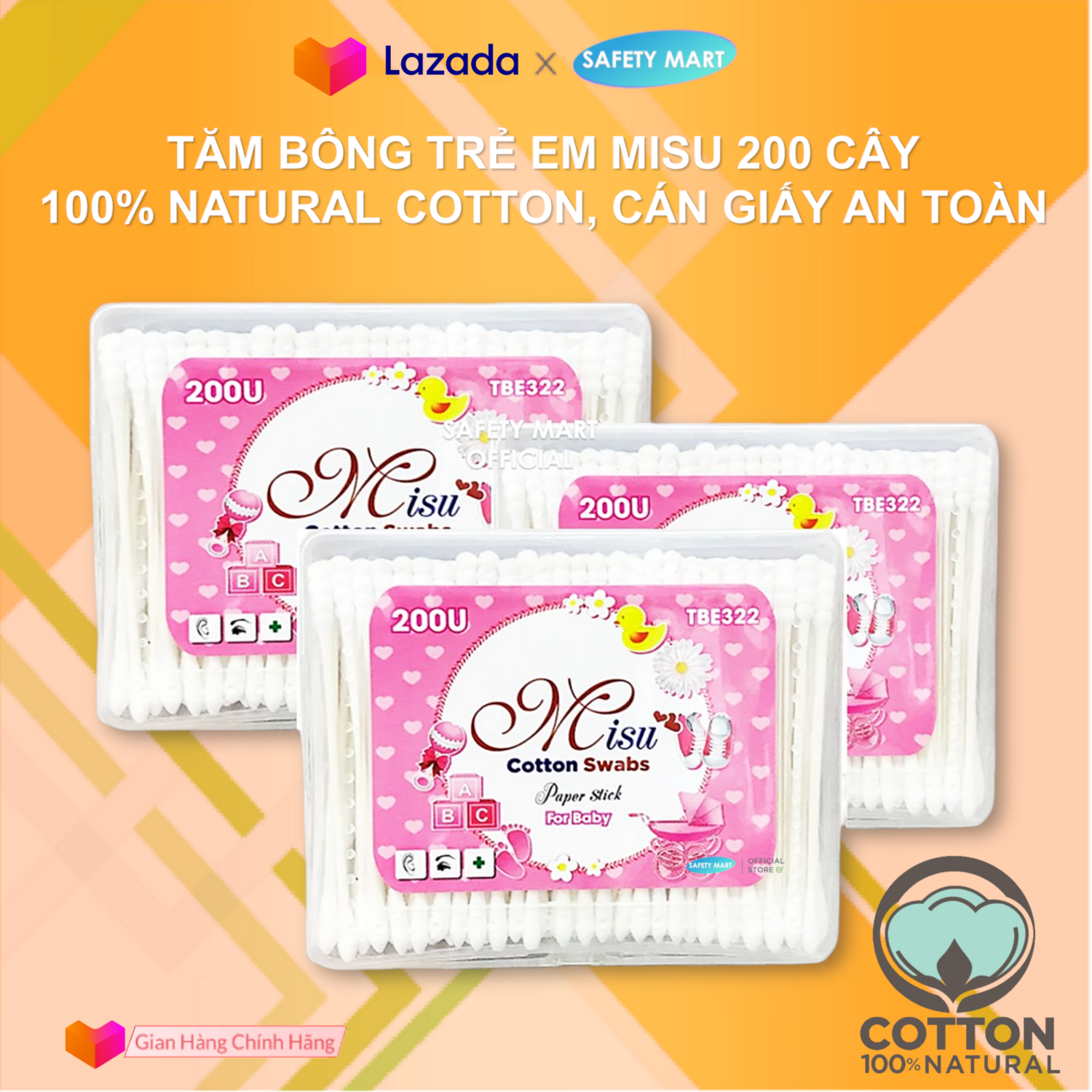 Tăm Bông Hộp Misu Trẻ Em 200 Lõi Giấy Bảo Vệ Tai, Dùng Tẩy Trang, Vệ Sinh Chi Tiết Máy ... Bông Gòn Mềm Mại Thân Thiện Môi Trường - Chính Hãng SafeMall Official