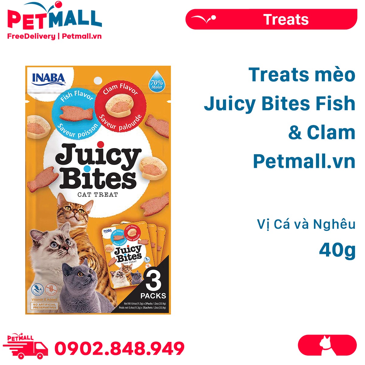 Treats mèo Juicy Bites Fish & Clam 40g - Vị Cá và Nghêu Petmall