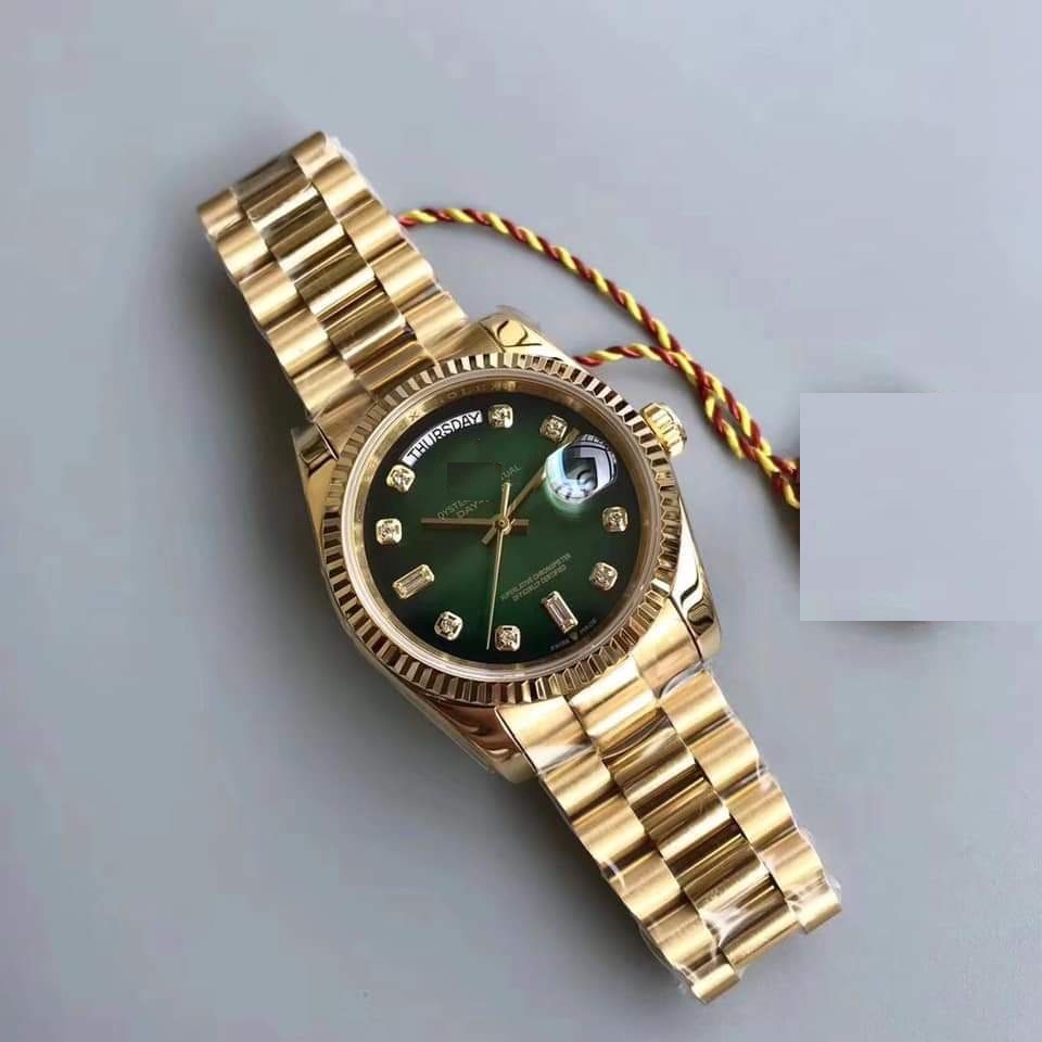 [HCM]Đồng Hồ Unisex Automatic Hai Lịch RL Mặt Xanh Lá Dây Vàng - Size 36mm - Fullbox ( DN128238OmbreGreen)