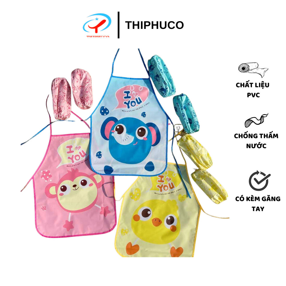 Tạp dề cho bé, tạp dề vẽ màu THIPHUCO, tạp dề hoạt hình cho bé tập tô màu có kèm găng tay chống dính màu dễ thương
