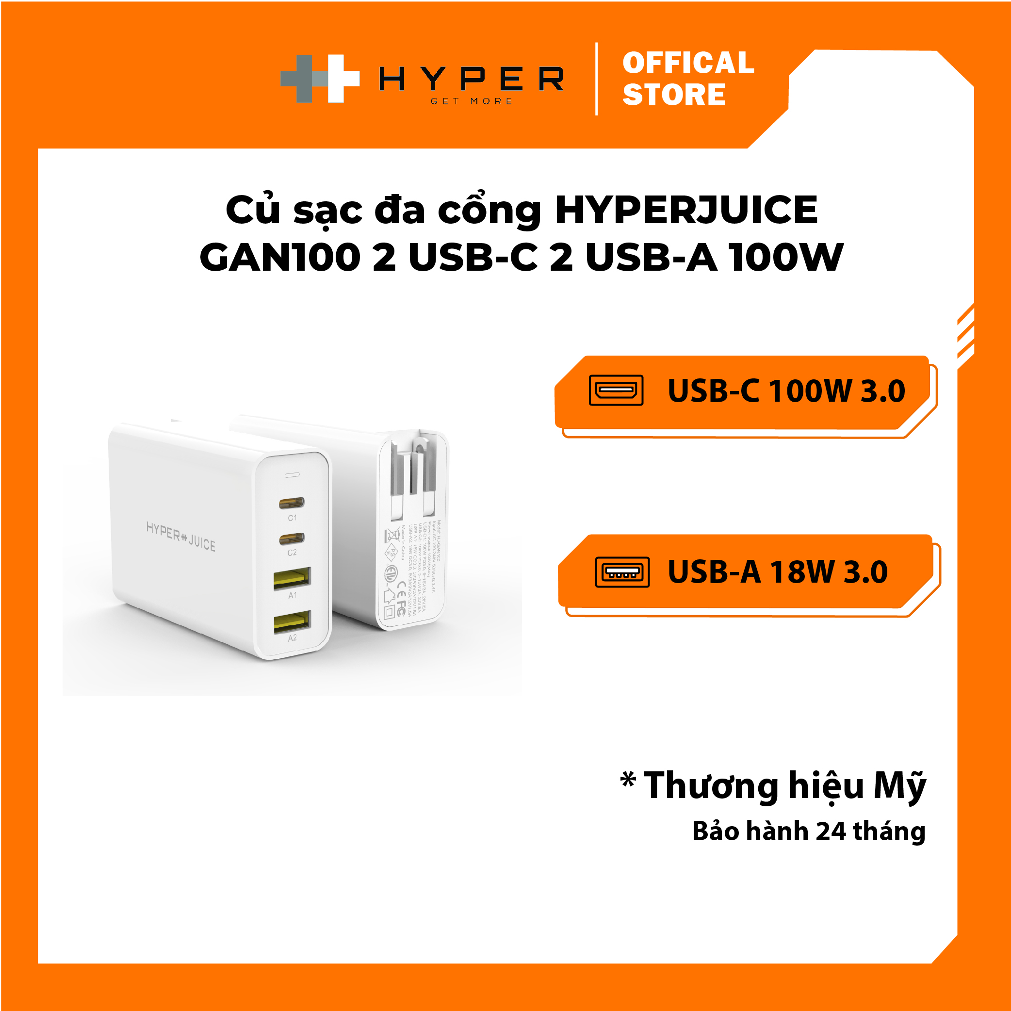 SẠC ĐA CỔNG HYPERJUICE GAN100 CHARGER (4 PORTS 100W) NHỎ NHẤT THẾ GIỚI – HJ-GAN100
