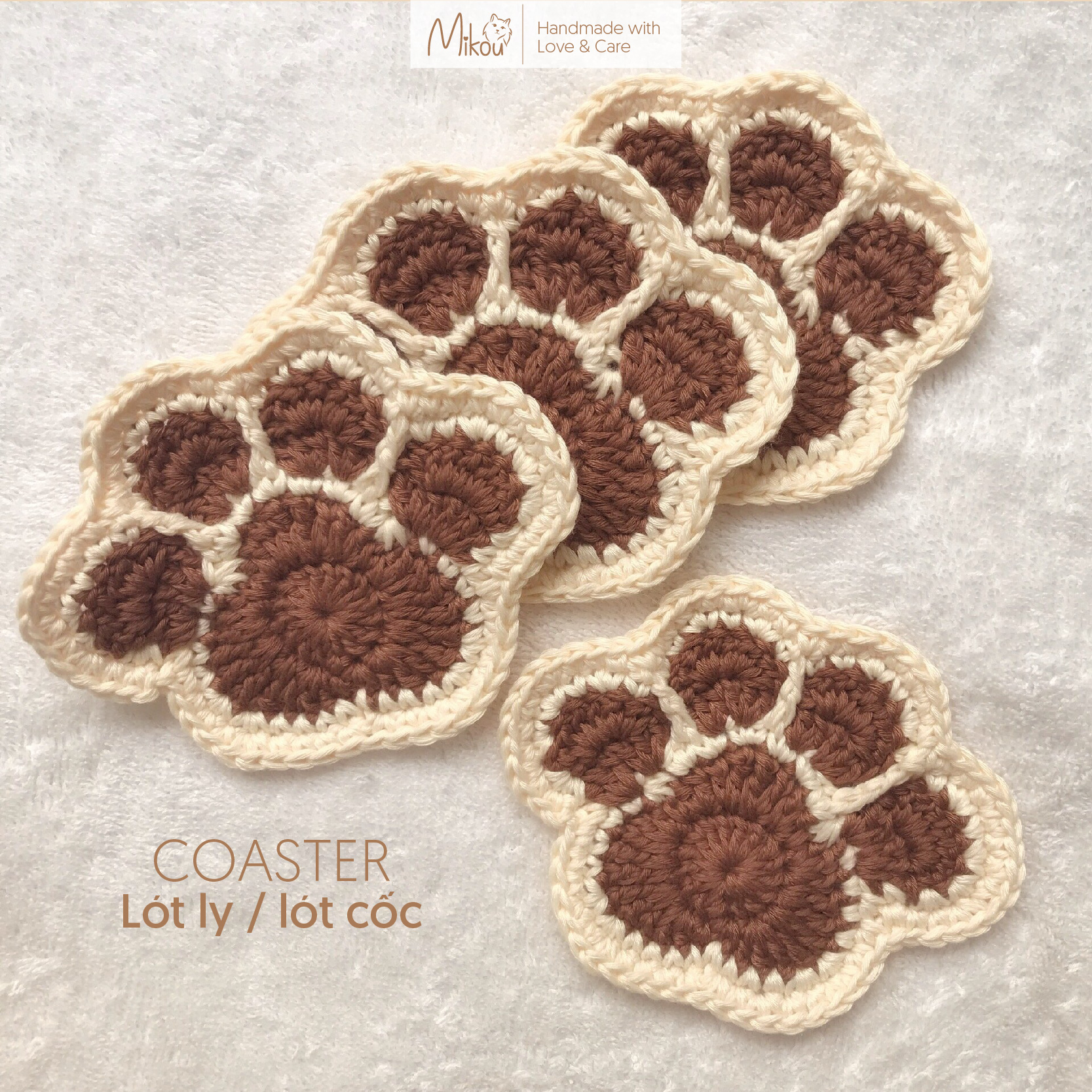 Lót ly cotton chân mèo, thấm hút nước, đan móc thủ công handmade, mikou shop