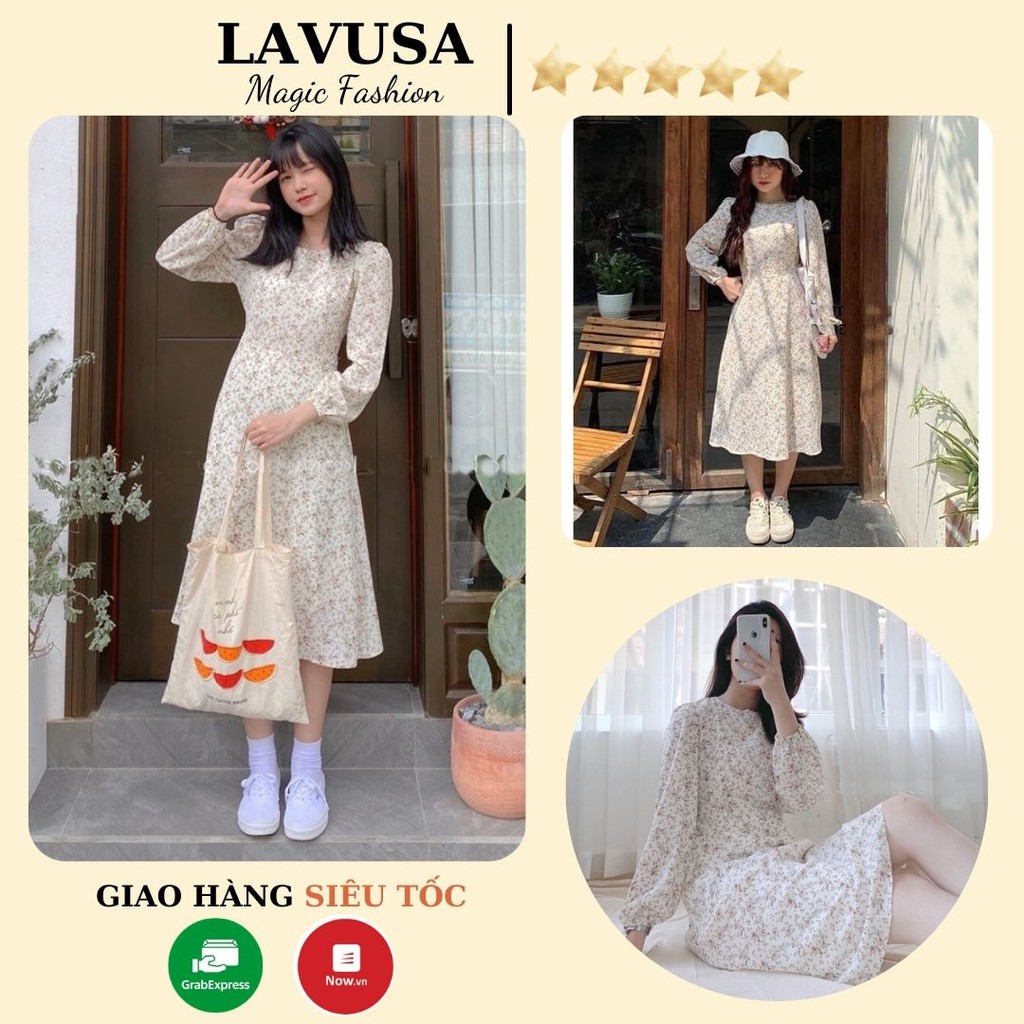 Váy hoa nhí vintage dáng dài 2 lớp, thắt nơ eo - đầm hoa cỏ vintage lavusa dx02