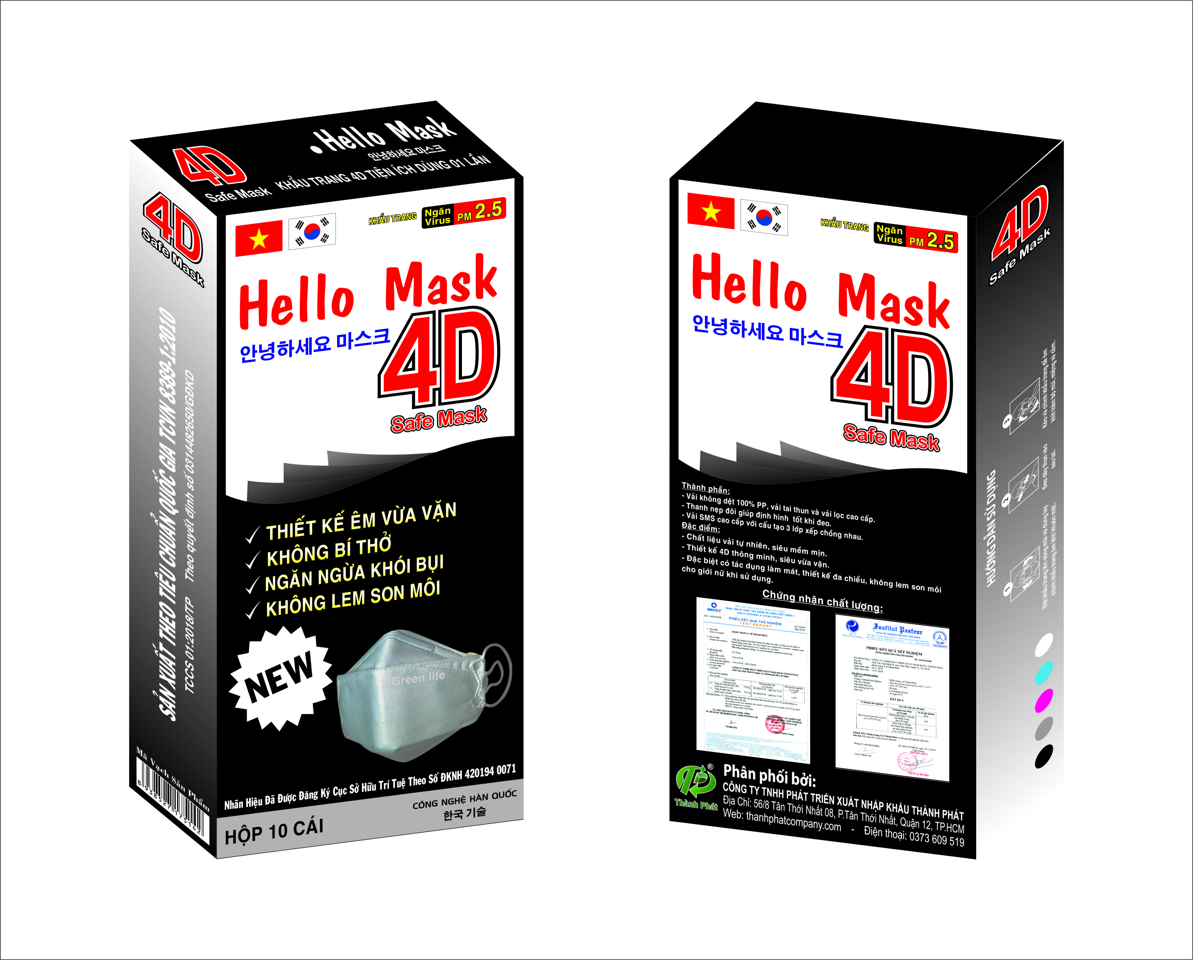 Hộp 10 chiếc Khẩu Trang 4D Hello Mask - màu đen