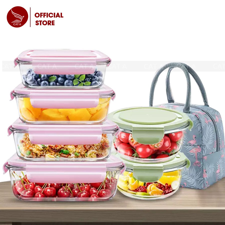 Hộp Cơm Thủy Tinh Chia Nhiều Ngăn Cát Á Có Túi Đựng, Đũa Thìa - Nhỏ Gọn Tiện Lợi, Mang Đi Muôn Nơi