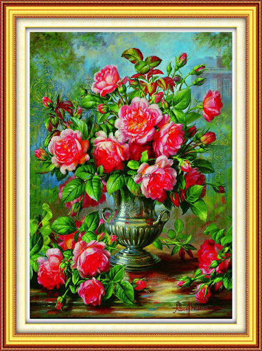 Tranh đính đá Bình hoa hồng cổ kích thước nhỏ ✅30x40cm có khung