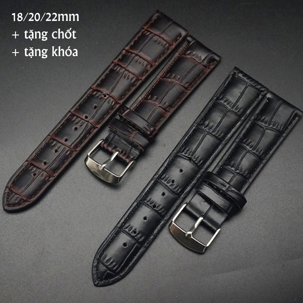 Dây da đồng hồ dập vân cá sấu các kích thước dành cho đồng hồ đeo tay, đồng hồ thời trang tặng kèm khóa đồng hồ + kèm chốt 2 đầu