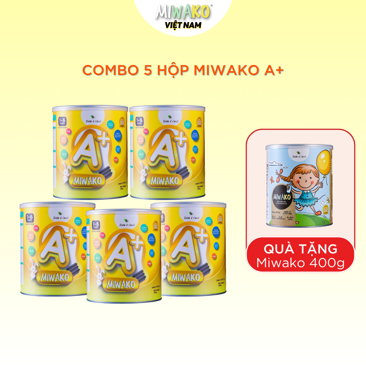 Combo 5 Hộp Sữa Thực Vật Hữu Cơ Miwako A+ 700g phát triển trí não tăng hệ tiêu hóa trển 1 tuổi