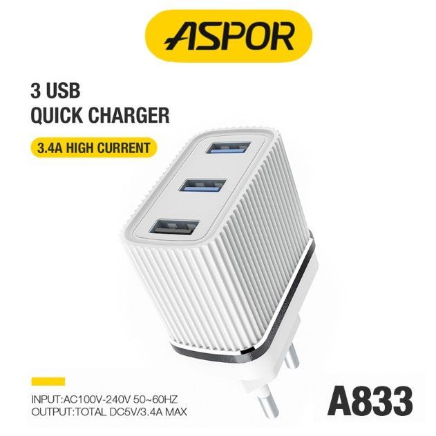 ASPOR A833 - BẢO HÀNH 3 NĂM - 15 NGÀY ĐỔI TRẢ - Củ sạc điện thoại 3.4A IQ - Bộ sạc điện thoại 3 USB đa năng sạc nhanh - Củ sạc iphone samsung - Cốc sạc thông minh tự ngắt - Dock sạc thiết bị di động