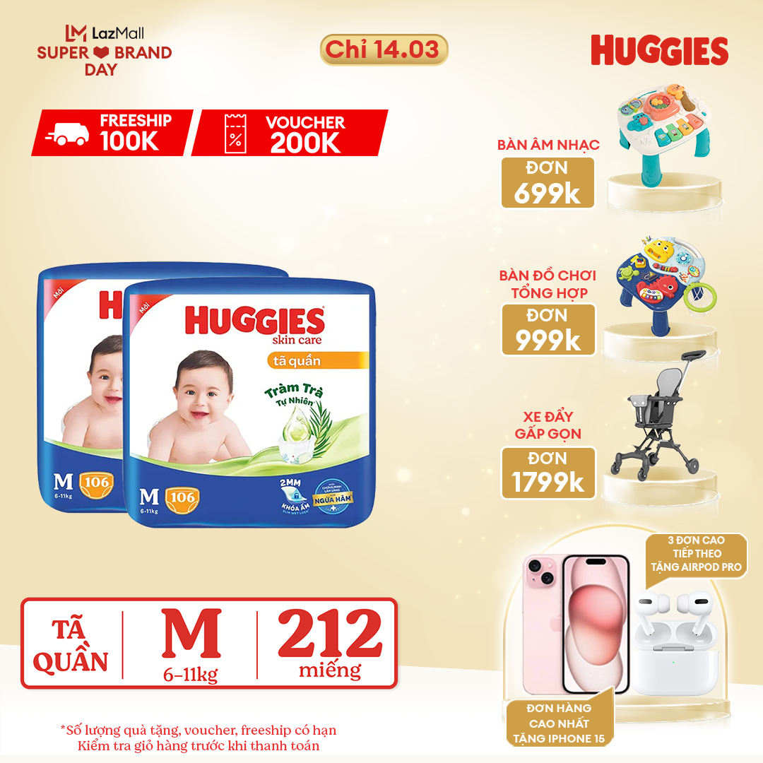 CHỈ 14.3 GIẢM THÊM ĐẾN 120K Combo 2 Gói Tã/bỉm quần HUGGIES SKINCARE MEGA JUMBO size M106 miếng