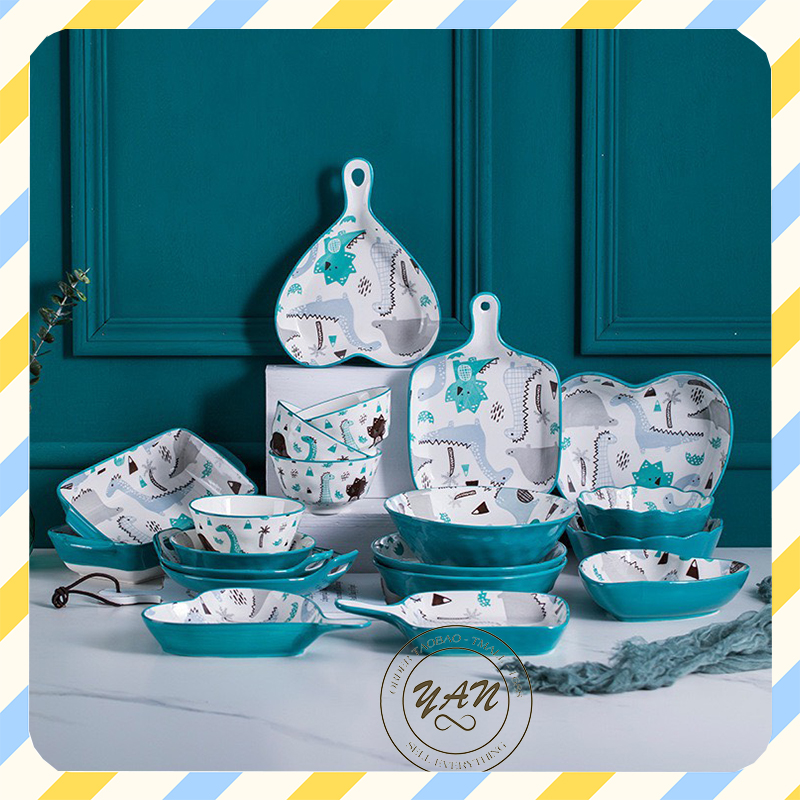 Bát đĩa sứ YANDY HOME BB05 chén dĩa tô bằng sứ họa tiết khủng long xanh 10 chi tiết bằng sứ men đẹp sang trọng