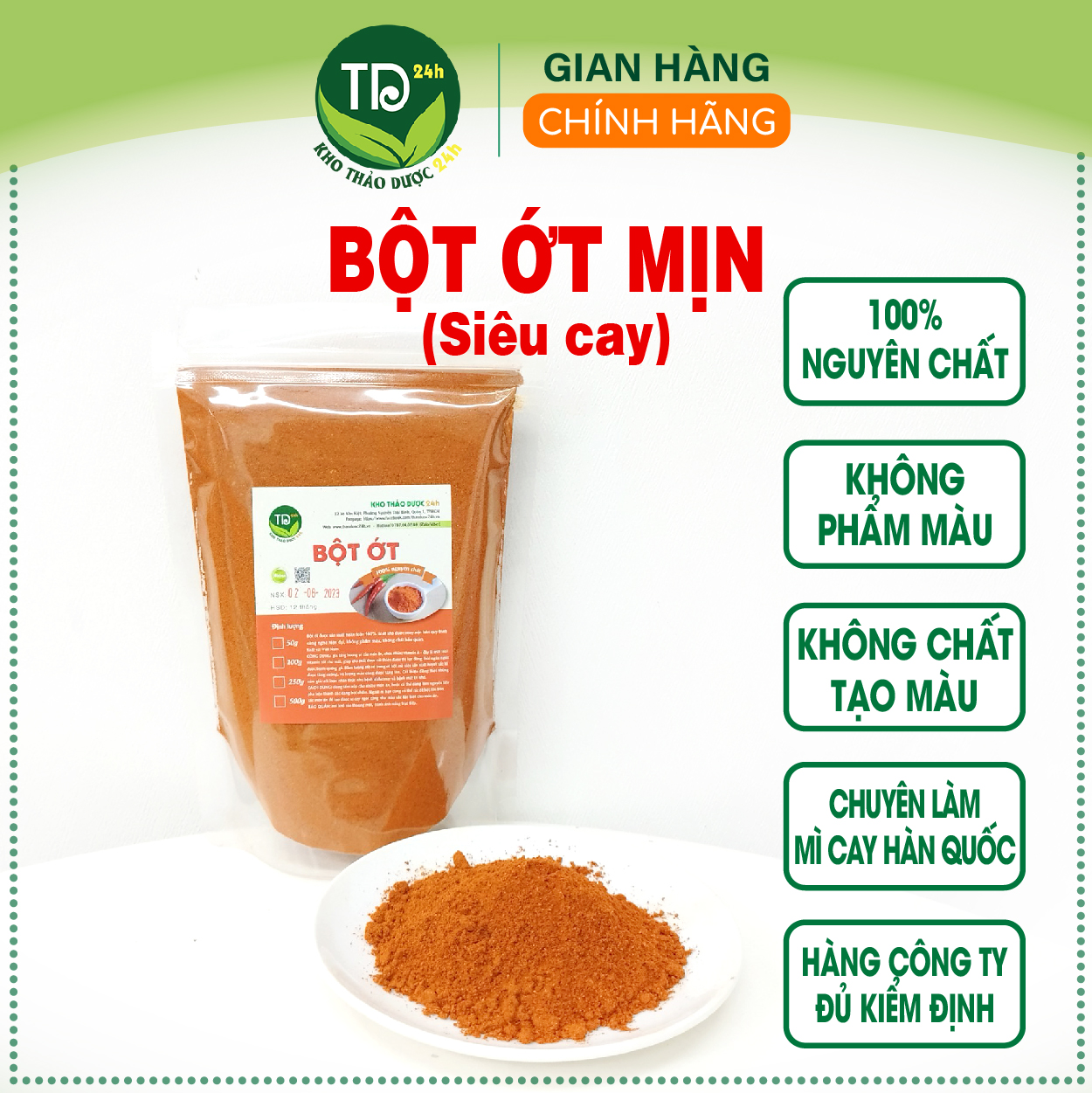   50 gr  Bột ớt mịn siêu cay nguyên chất 100% dùng nấu mì cay làm kim chi ướp gia vị hàng công ty có kiểm định không phụ gia không chất tạo màu I Kho Thảo Dược 24h 