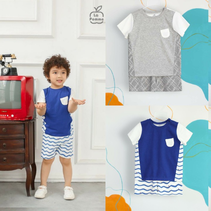 Set áo cộc tay quần đùi raglan khuy vai túi ốp ngực họa tiết kẻ La Pomme SS150