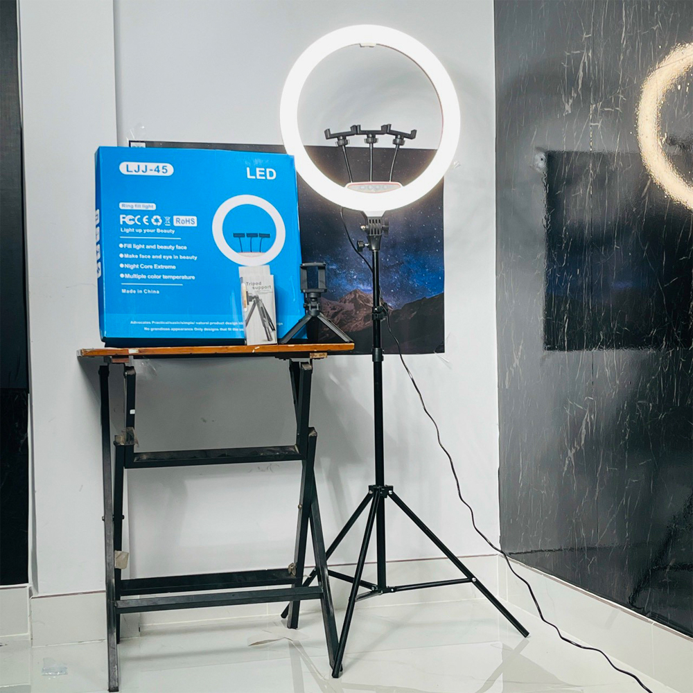 Đèn live stream bán hàng ljj 45cm 3 kẹp điện thoại kèm chân 2m1 và remote đèn trợ sáng chụp ảnh, quay phim, chiếu sáng studio, make up, spa, phun xăm thẩm mỹ