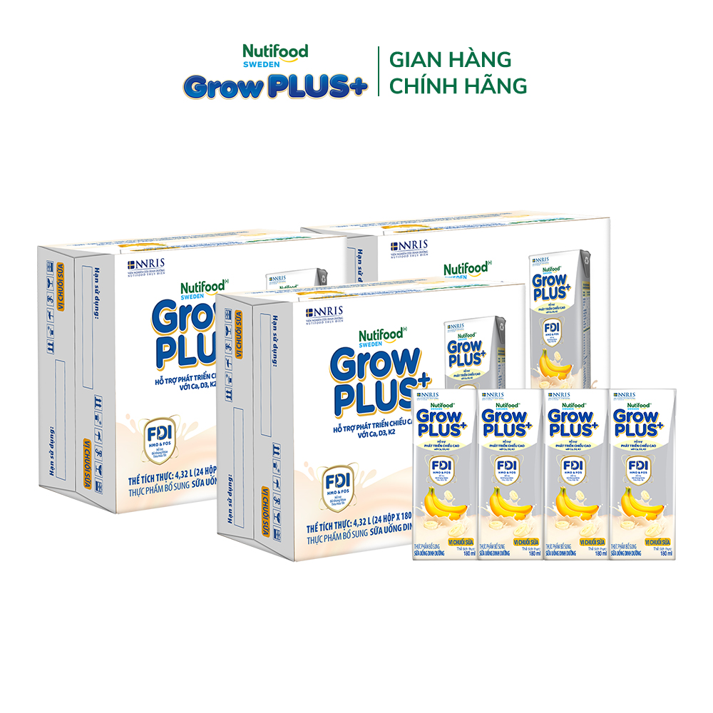 Combo 3 Thùng 24 hộp Sữa bột pha sẵn Nutifood Sweden GrowPLUS+ Vị Chuối Sữa hộp 180ml - Hỗ trợ phát triển chiều cao