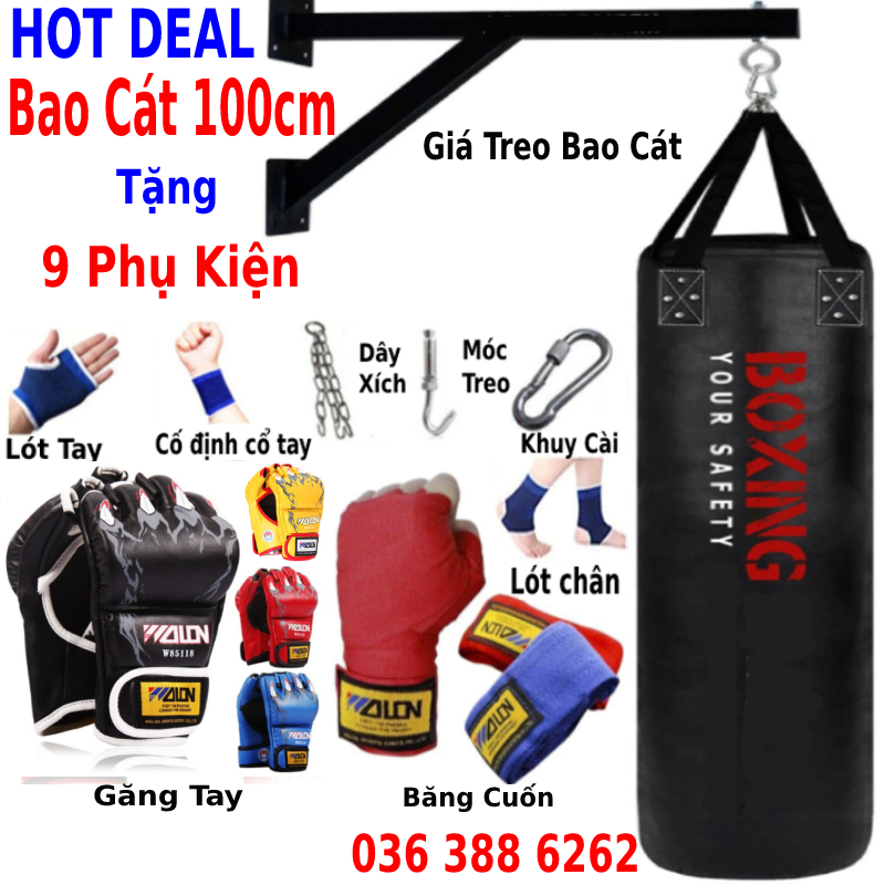 Bao cát đấm bốc bao cát dây xích 3 lớp dày 2,5mm đã nhồi hoàn thiện, tặng găng MMA Walon hở ngón cao cấp, bảo hành 12 tháng