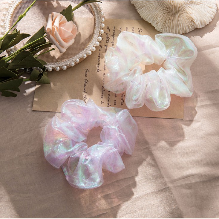 Cột tóc scrunchies voan kính ánh nhũ nhẹ nhàng