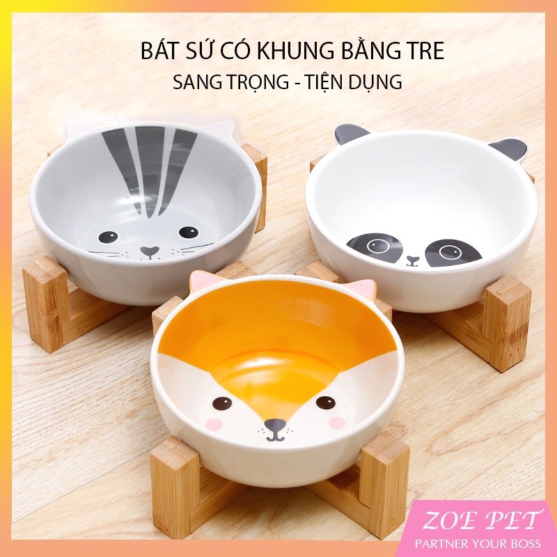 Bát sứ cho chó mèo ăn uống, bát ăn cho chó mèo có đế gỗ sang trọng, bát có ba hoạ tiết đáng yêu