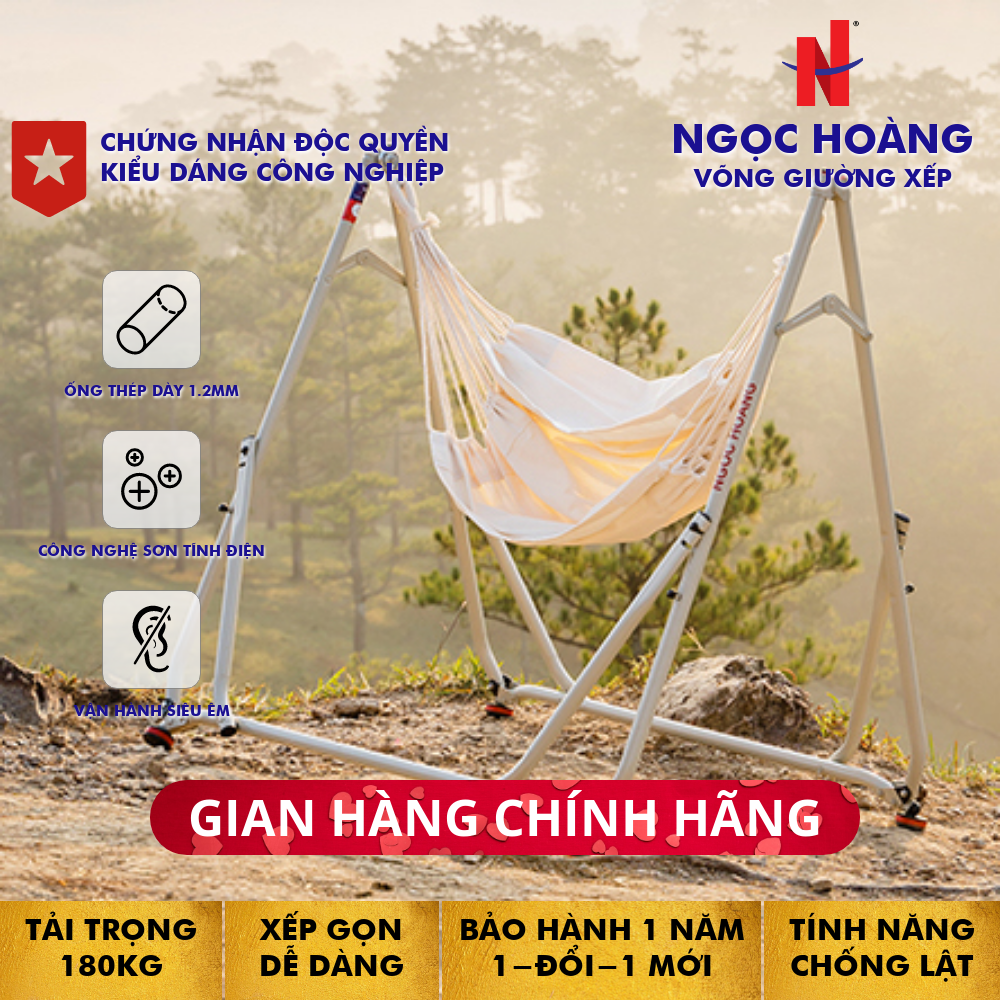 Ngọc Hoàng - Nguyên bộ khung võng đa năng (White) kèm ghế vải - Thép nhập khẩu ống dày 1.2mm  sơn tĩnh điện, kết hợp tính năng treo võng, treo xích đu, treo nôi em bé, treo thanh phơi đồ, đã được cấp bằng độc quyền kiểu dáng công nghiệp