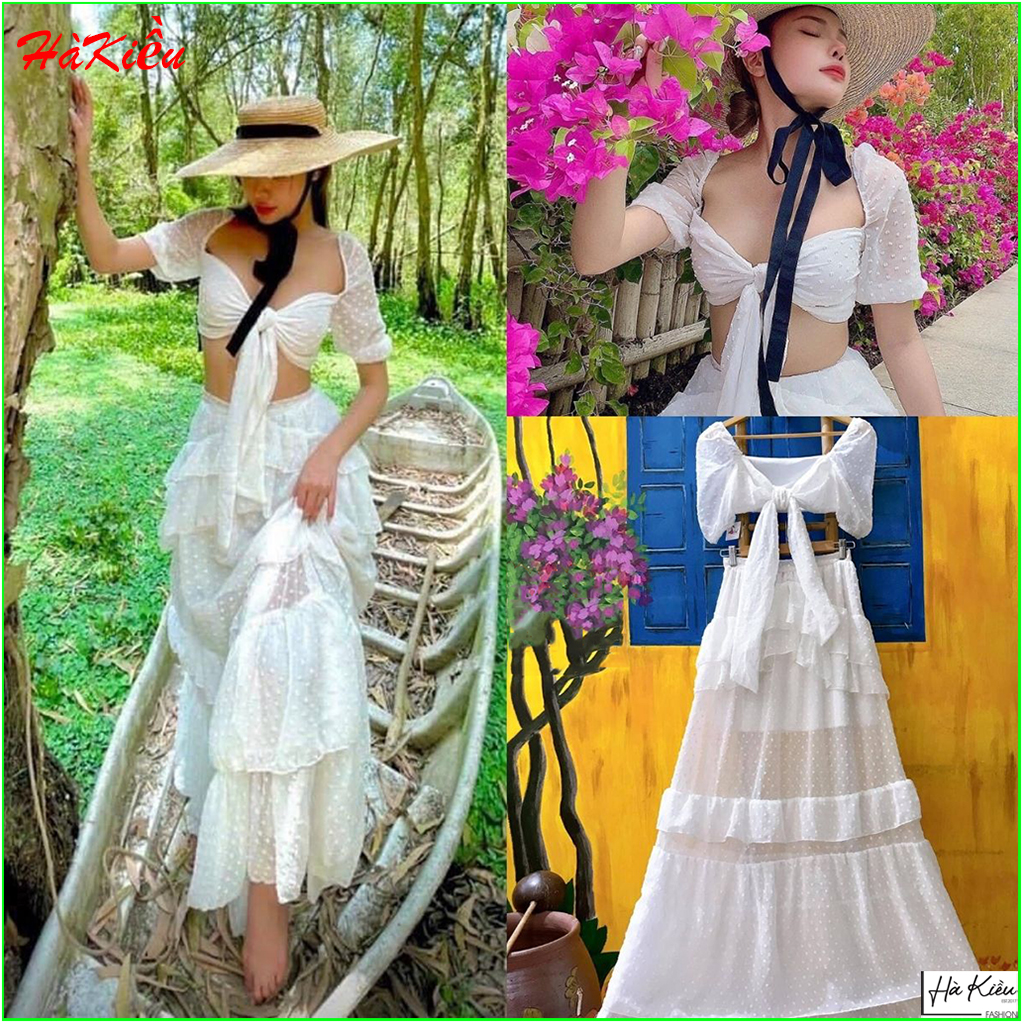 Đầm váy dự tiệc dáng xòe Set váy maxi siêu sống ảo cột nơ ngực chân váy tầng chụp hình sống ảo phong cách Ha Kiều MSP410