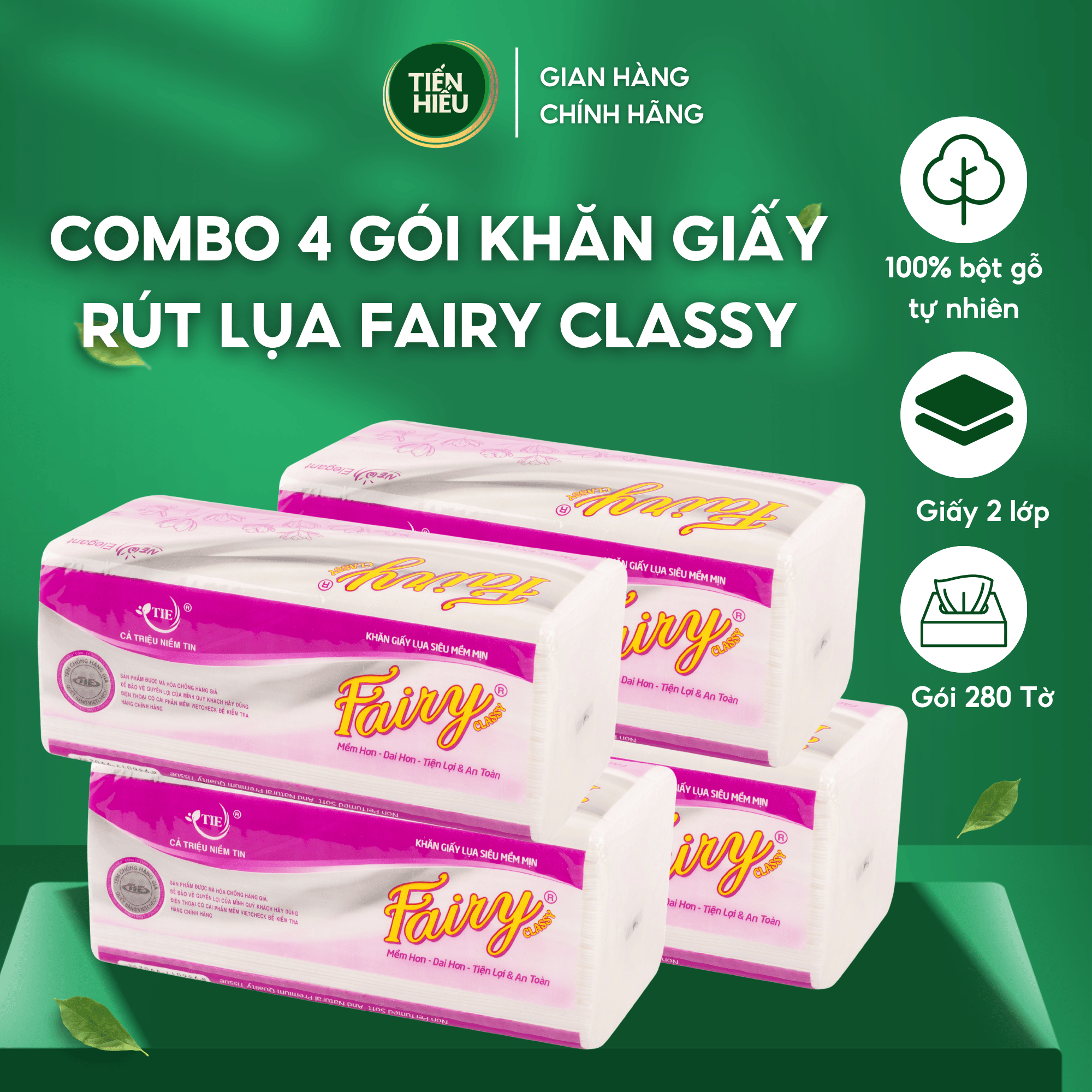 Combo 4 Giấy Ăn Rút Lụa Fairy Classy 280 Tờ / 2 Lớp Siêu Mềm Mịn Tiết Kiệm, Khăn Giấy 100% Gỗ Tự Nhiên Bền Dai An Toàn Cho Bé