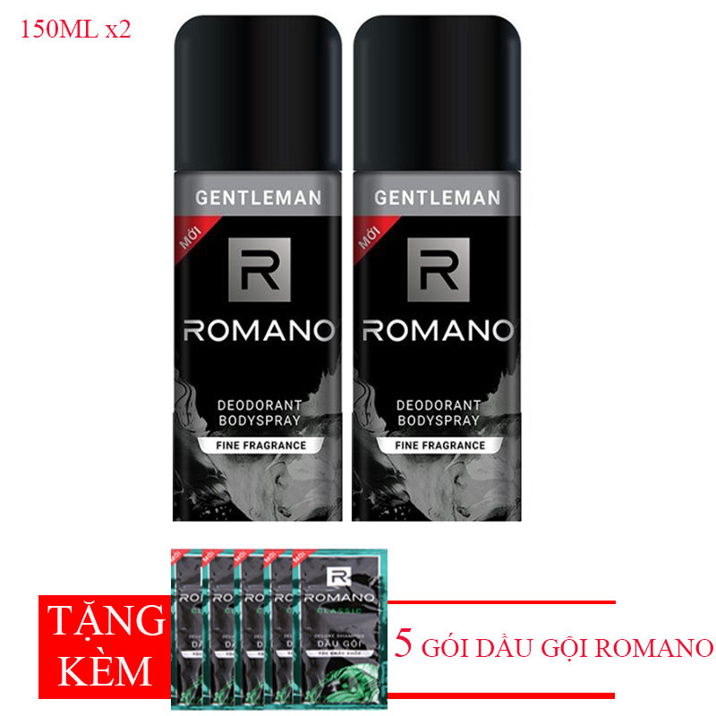 Combo 2 Chai Xịt Khử Mùi cho Nam Romano Gentleman 150ml/chai + 5 gói dầu gội Romano