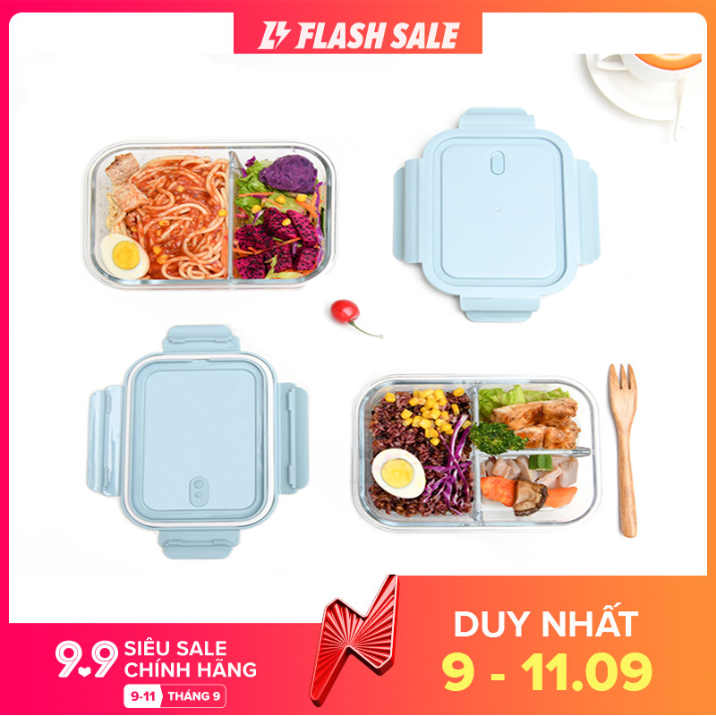 Hộp cơm thủy tinh chịu nhiệt 3 ngăn, dùng được trong lò viba, có 4 khóa đóng kín, van xả hơi- Gigamart