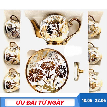 BỘ TÁCH TRÀ HOA VĂN NHŨ VÀNG HOÀNG GIA - BỘ TRÀ 6 LY DÙNG LÀM QUÀ TẶNG CAO CẤP - BỘ TRÀ NHẬT HOA ANH ĐÀO
