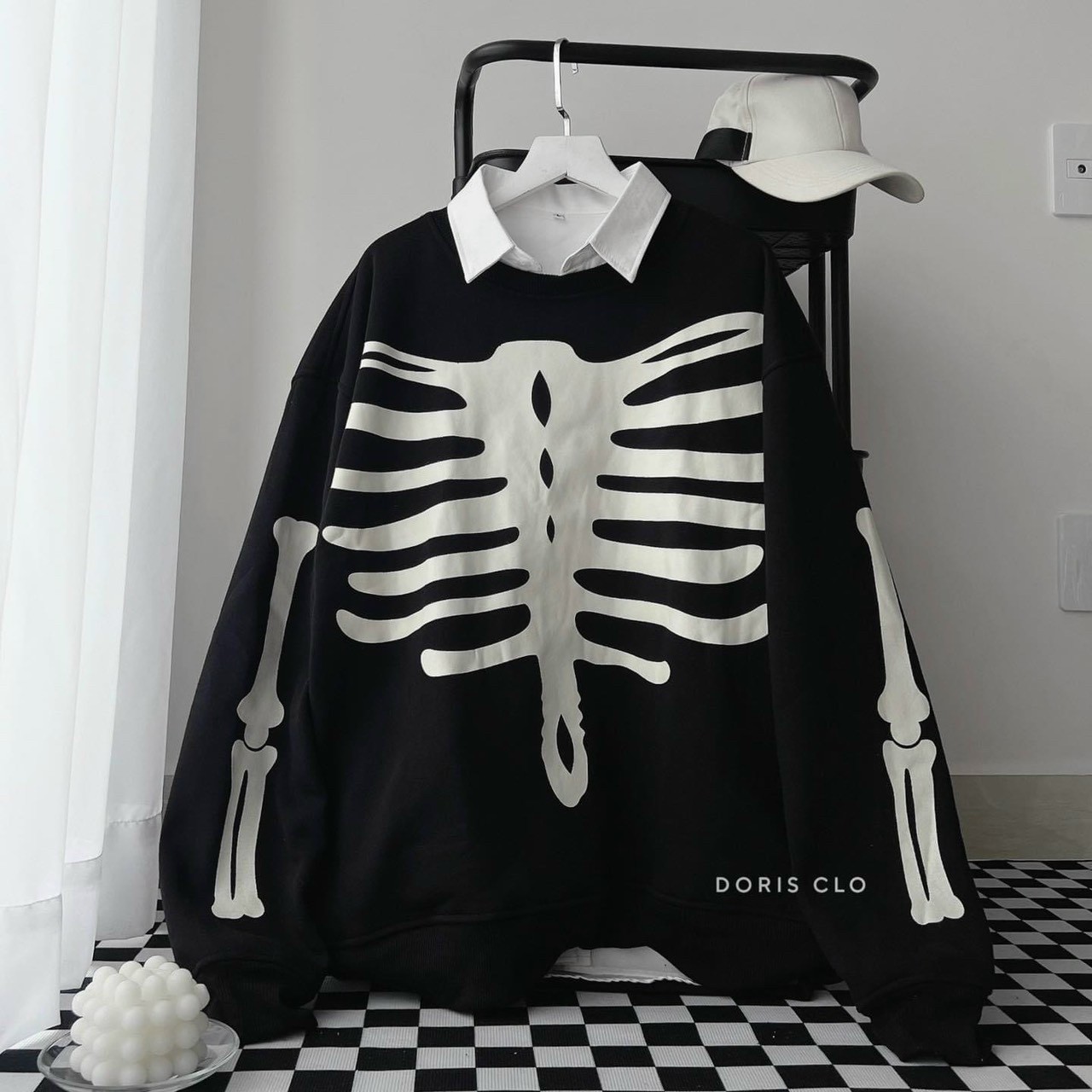 Áo sweater nỉ unisex tay phồng in họa tiết xương ma mị độc đáo cá tính,chất vải nhẹ dày dặn mềm mịn.tp