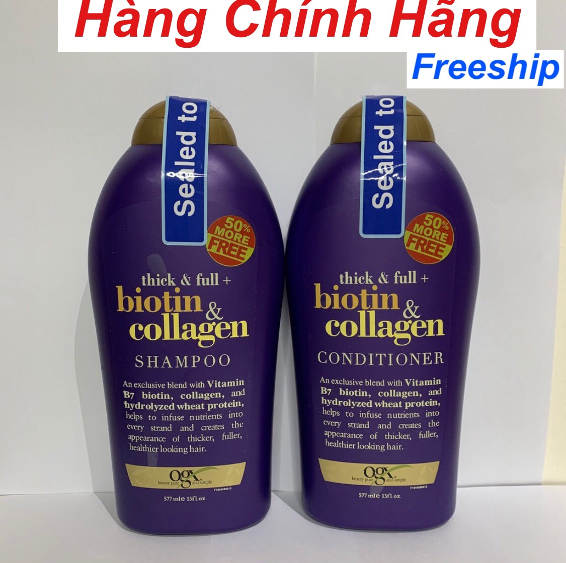 Bộ 2 chai dầu gội và dầu xả dưỡng dày tóc ogx thick & full + biotin & collagen - tím