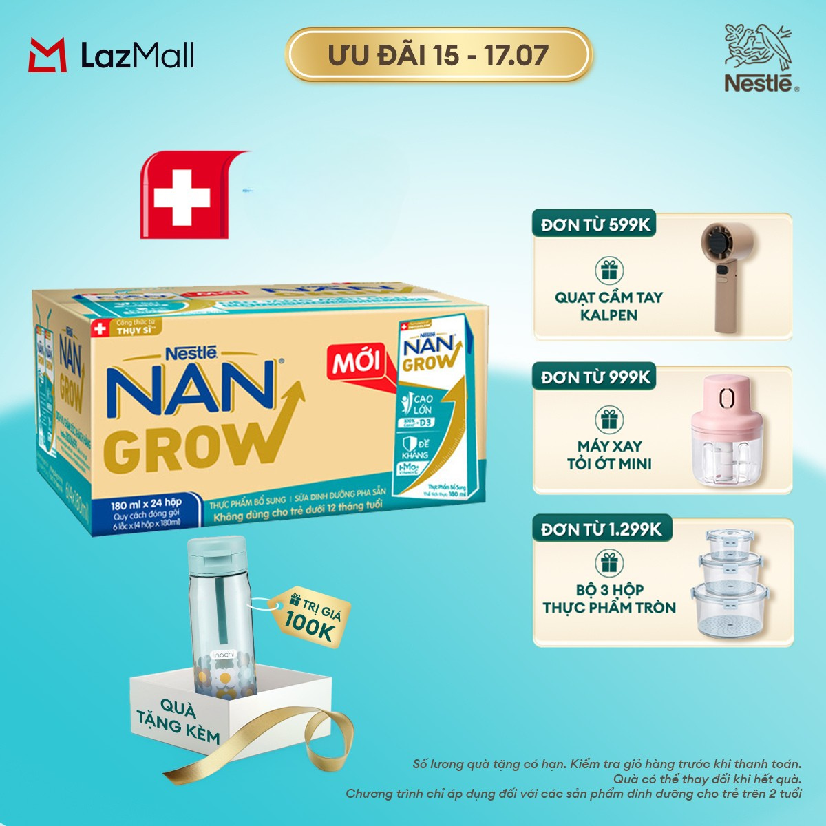 [CHỈ 15-17.07 QT ĐƠN 599K/999K/1299K][Tặng Bình nước Inochi] Thùng 24 hộp Sữa Dinh Dưỡng Pha Sẵn Nestlé NANGROW 180ml cho bé trên 1 tuổi  - Sữa nước vị nhạt công thức từ Thụy Sĩ
