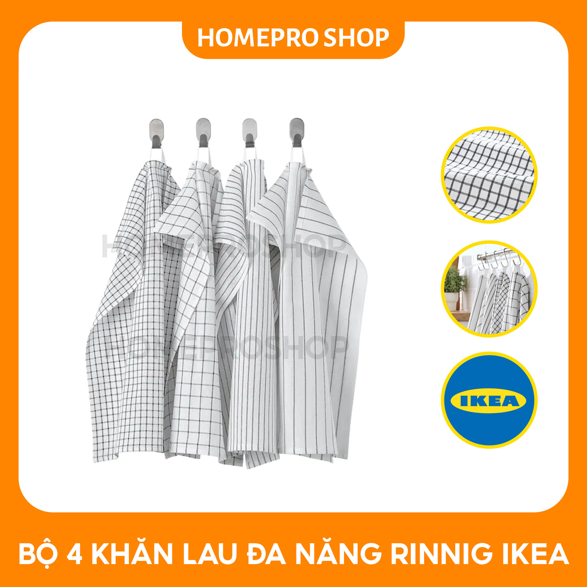 Bộ 4 khăn lau bát, đĩa... kẻ caro RINNING IKEA