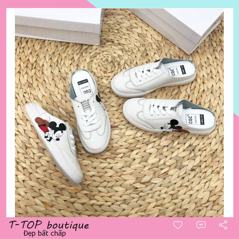 [Xả lẻ size] Giày sục nữ chuột Mickey da mềm siêu êm chân, Giày thể thao nữ đạp gót basic fullbox