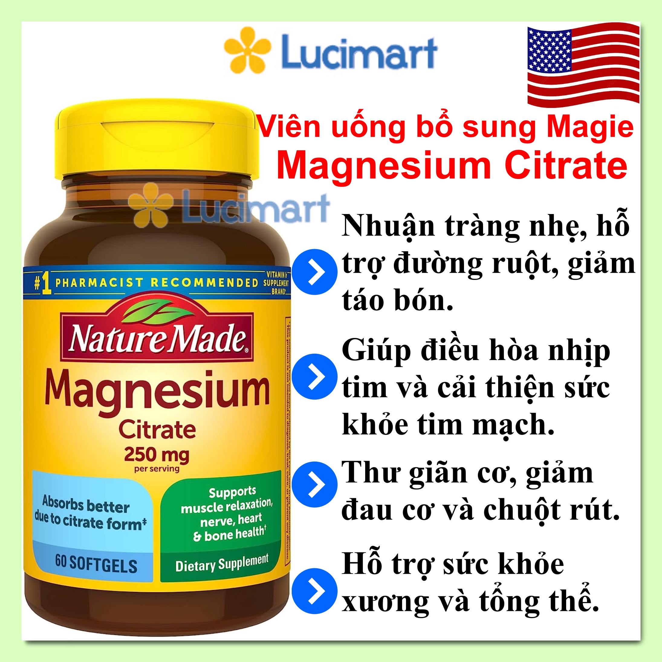 Viên uống bổ sung Magie Citrate 250 mg Nature Made Magnesium [Hàng Mỹ]