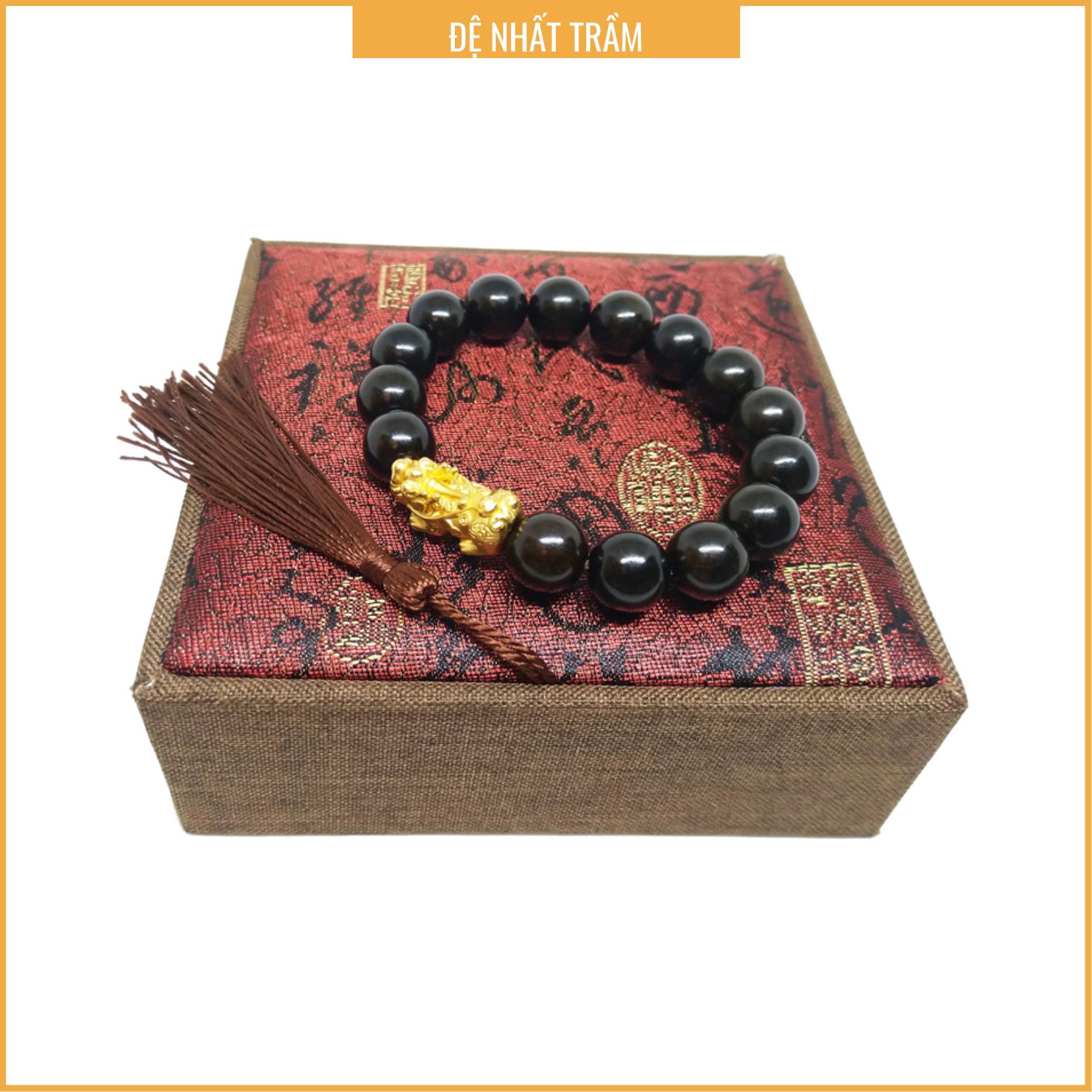 Vòng Tay Gỗ Mun Sừng Mix Tỳ Hưu Bạc Xi Vàng - Vòng Gỗ Mun Đen Bóng Tự Nhiên - Tỳ Hưu Bạc Xi Vàng