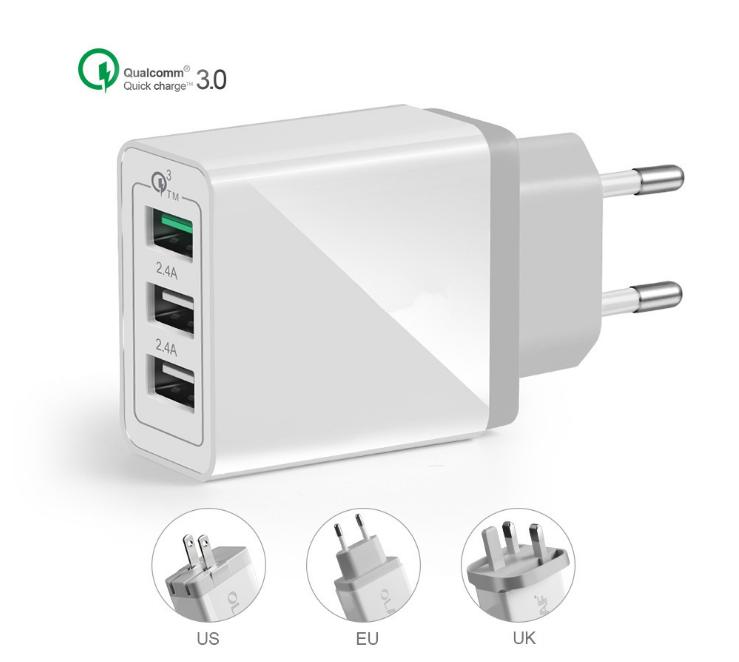 Củ sạc nhanh Qualcomm 3 cổng, 1 cổng USB 3.0 Output DC 3.6V-6.5V/3A, DC 6.5V-9V/2A, DC 9V-12V/1.5A, 2 cổng USB 2.4A Output DC 5V/2.4A max sạc nhanh cho các loại điện thoại, máy tính bảng..( Hàng Nhập Khẩu)
