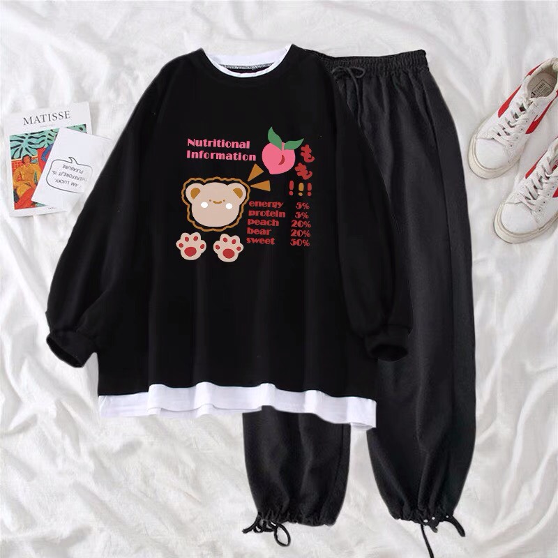 Sét bộ áo nỉ cotton in hình sweater gấu và quả đào kute kèm quần bom gấu