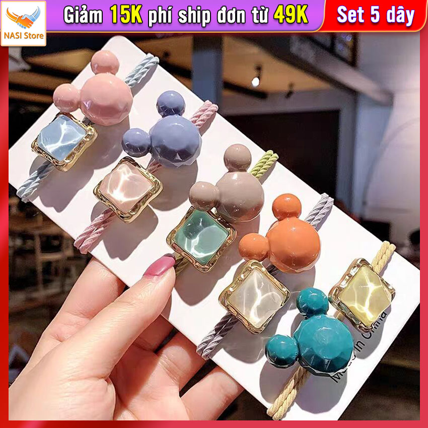 Dây buộc tóc nữ hình gấu đính đá vuông [Set 5 dây] NASI Store bền đẹp phong cách Hàn Quốc thun cột tóc nữ co giãn tốt phụ kiện tóc