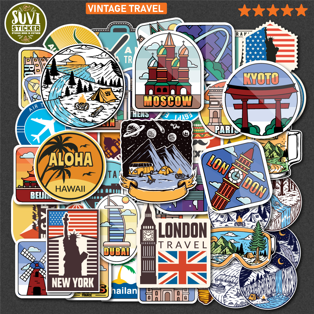 Sticker Vintage Travel chống nước dán laptop, điện thoại, đàn guitar, mũ bảo hiểm. MSP: T11