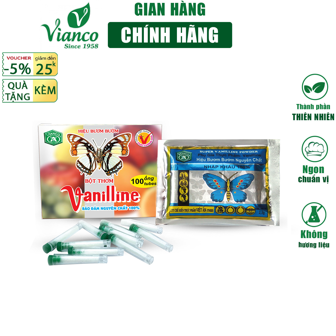 Bột thơm Vani Hiệu con Bươm Bướm Vianco hộp 25g 100 ống nấu chè làm bánh kẹo làm rau câu bánh flan  - Gia vị  Việt Ấn