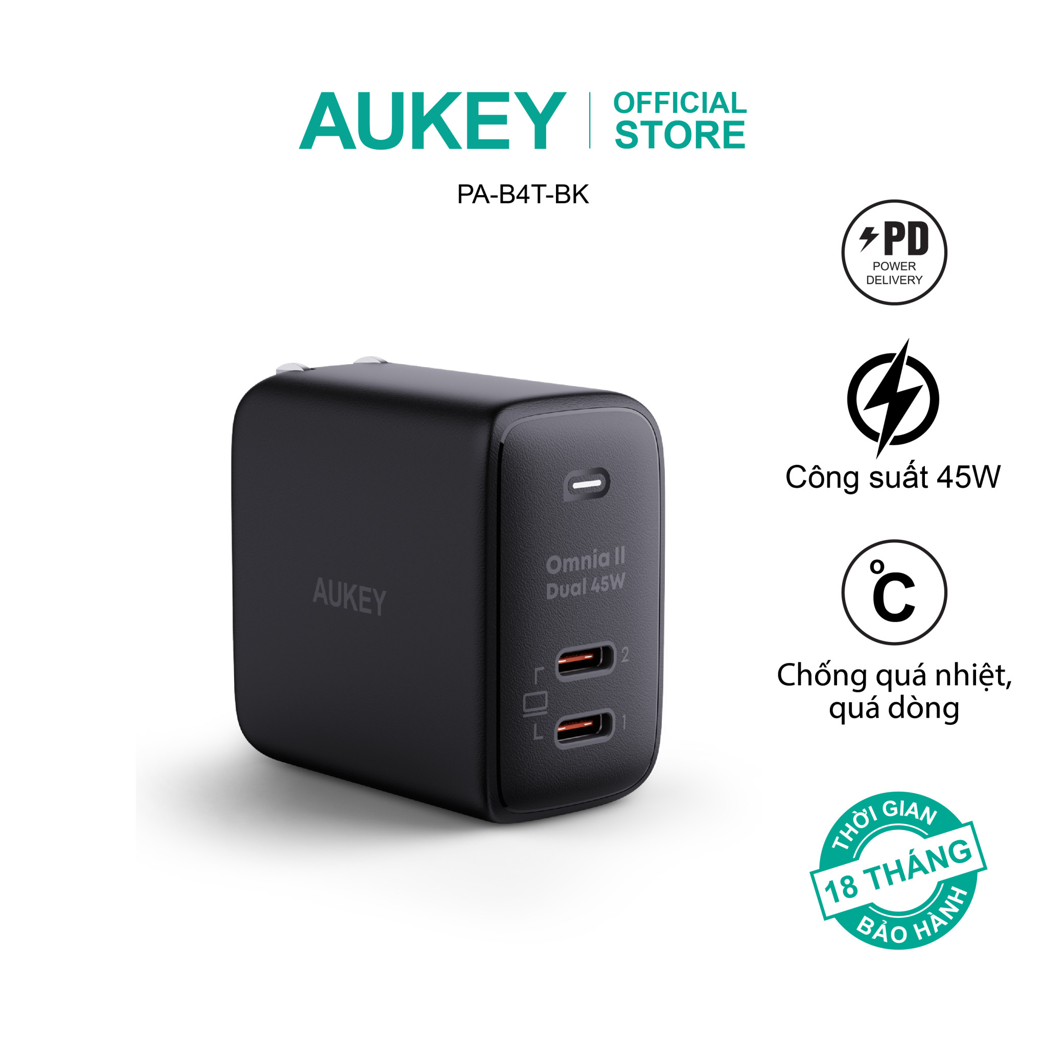 Củ sạc nhanh laptop 45w sạc iphone type c pd3.0 omnia™ cho iphone 14/13/12,android,máy tính xách tay aukey pa-b4t