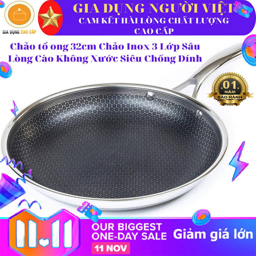 Chảo tổ ong 32cm chảo inox 3 lớp sâu lòng cào không xước siêu chống dính vân tổ ong đường kính 32cm 1.5kg chảo chống dính