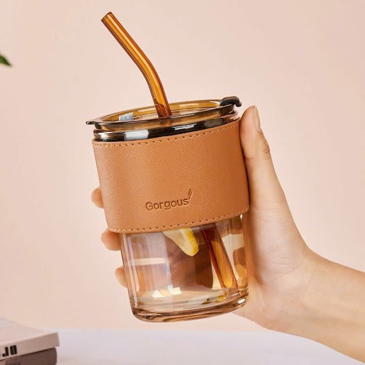 Cốc Thủy Tinh có nắp, Ly Đựng Nước Thủy Tinh Kèm Ống Hút 450ML Sang Trọng