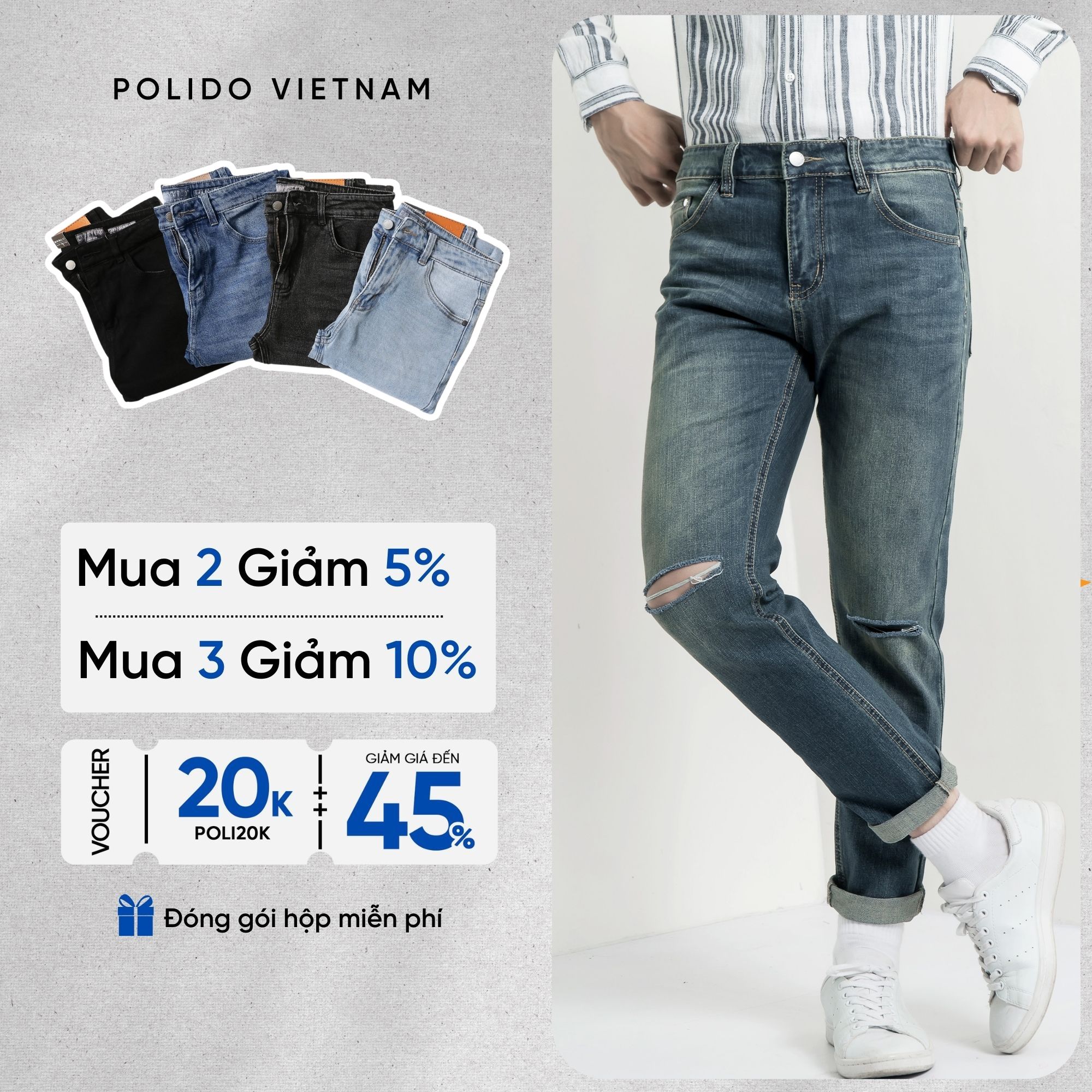 Quần Jeans Rách Gối Nam POLIDO,Chất Liệu Dày Dặn, Co Giãn Cực Mạnh, Giữ Form Tuyệt Đối