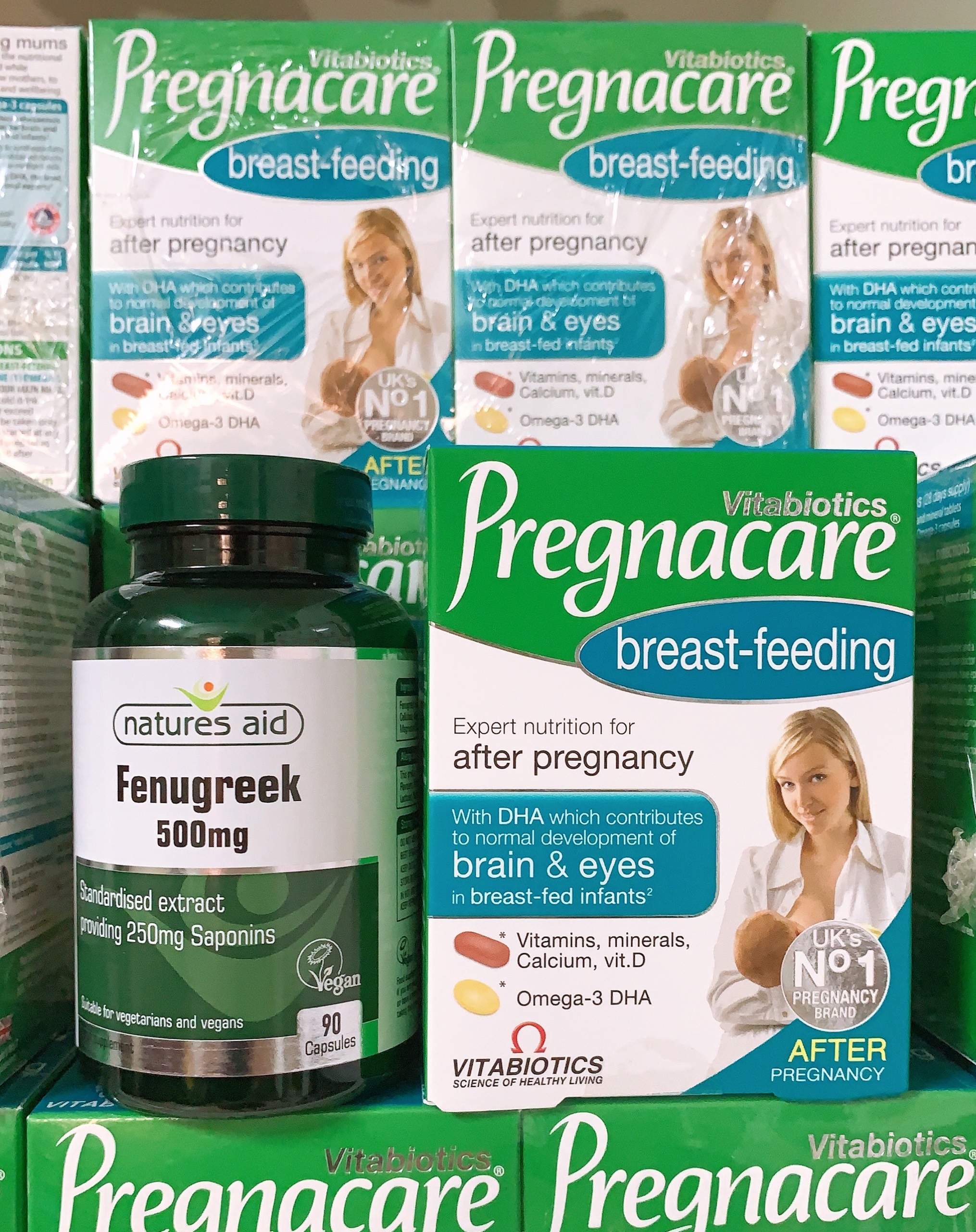 Combo Lợi Sữa Cỏ Cà Ri Fenugreek & Vitamin Pregnacare Breast Feeding Chính Hãng Uk