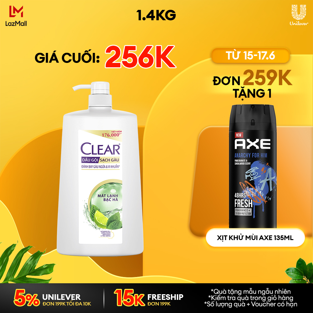 Dầu Gội Clear Sạch Gàu Dầu Gội Sạch Gàu Mát Lạnh Bạc Hà 3X Sức Mạnh Đánh Bay Gàu Ngứa Vi Khuẩn 1.4Kg